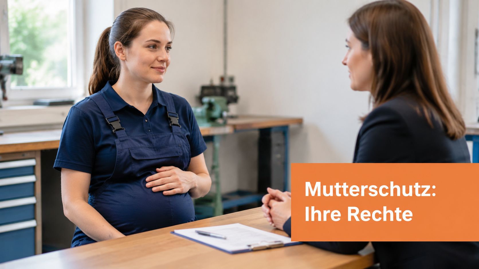 Eine schwangere Frau in Arbeitskleidung führt ein Beratungsgespräch am Schreibtisch zum Thema Mutterschutz am Arbeitsplatz.